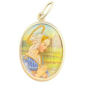 Vintage Hand-Painted Religious Pendant In 800 Silver With‎ Praying Woman Artwork